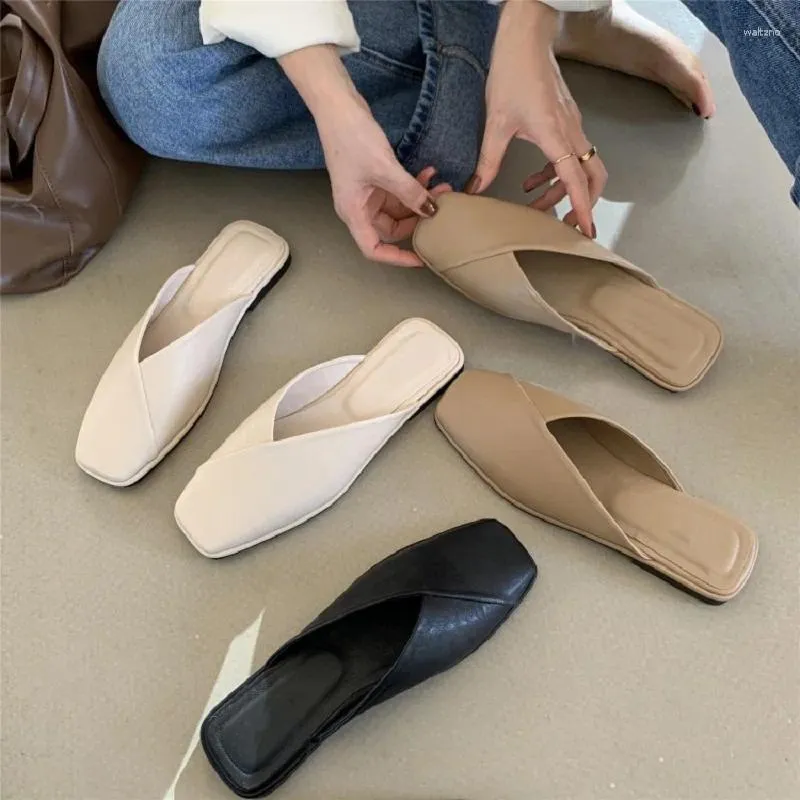 Slippers 2024 Summer French Half Fashion Simple Square Head Low Heels Female Outerwear Sandals Lazy