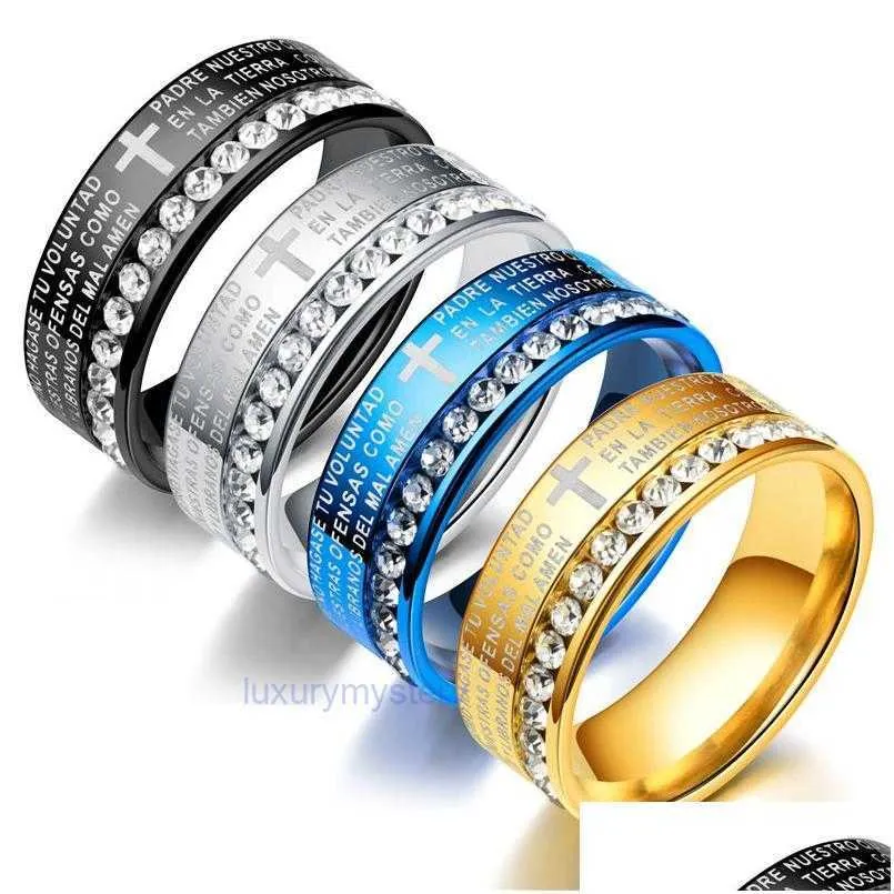 Band Rings Classic Espanha Bíblia Escritura Cruz Casal com Crystal Religion Verso aço inoxidável anel de dedo para homens mulheres moda Dhpem