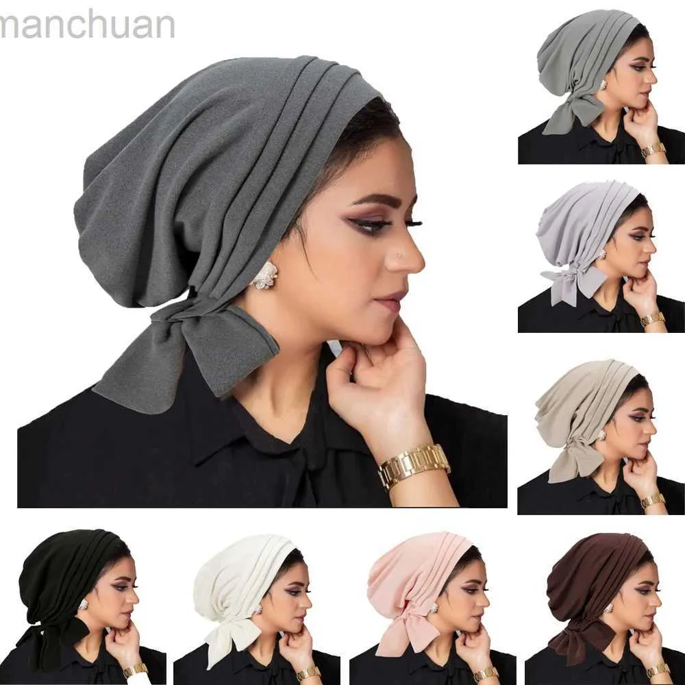 HIJABS Mulheres muçulmanas pré-amarradas Hijab Bonnet plissado PLAFE TURANA TURBANCE CAP SIDERSCARF HAIR PERDIDA HABE