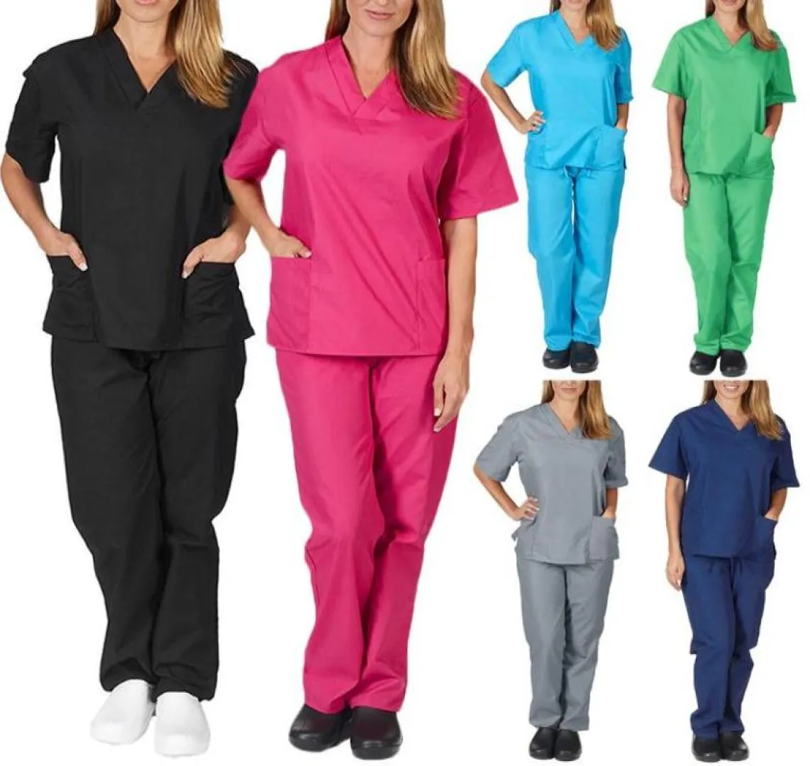 Femmes039s pantalon capris couleur solide unisexe hommes femmes manches courtes v Neck infirmières gommage toppants infirmières
