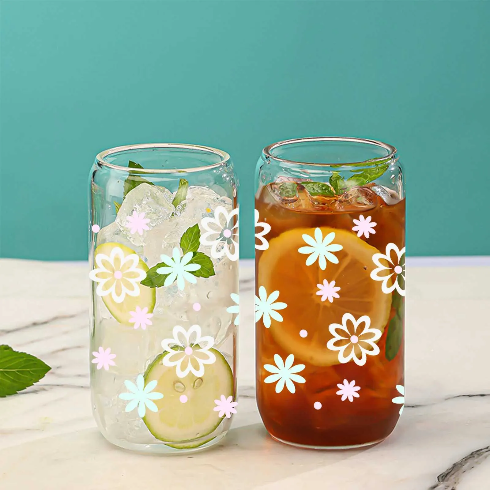 Tumblers Clear Drinking Glass With Bamboo Lid And Straw Juice Cup For Hot/Cold Drinks Drinkware Gift Light Colored Flowers Style H240425