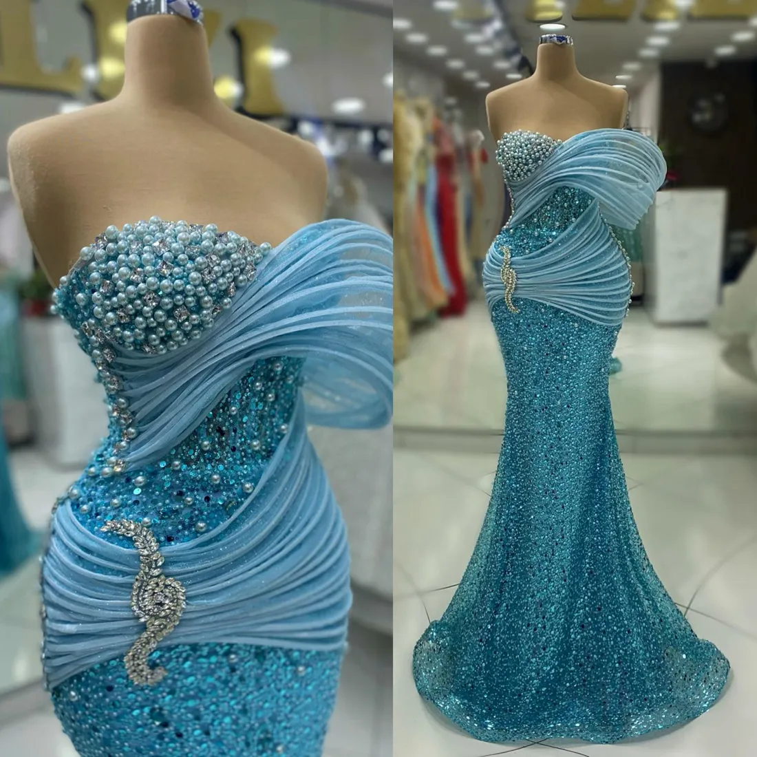 2024 Plus Size Blue Prom -klänningar för svarta kvinnor Promdress Illusion Beaded Lace Pearls Rhinestones Dekorerad födelsedagsfestklänning Andra mottagningsklänningar AM780