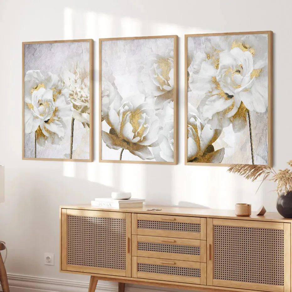 Abstract Gold Gold White Blooming Floral Wall Art Postros