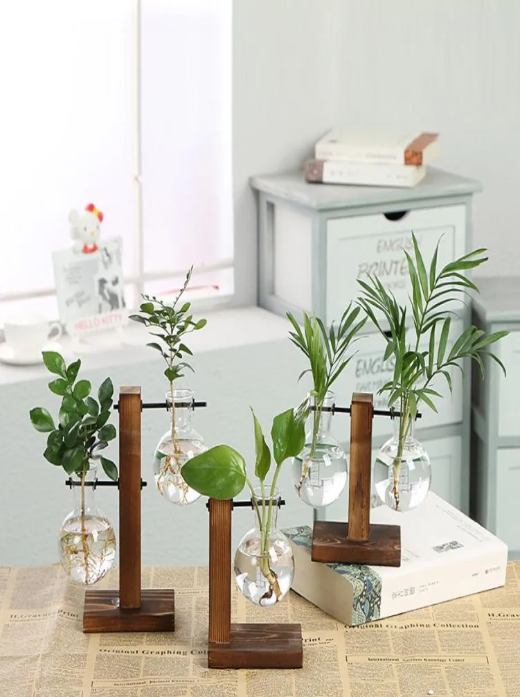Vasi di pianta idroponica scrivania vintage fiore vaso trasparente vaso in legno piante da tavolo in vetro