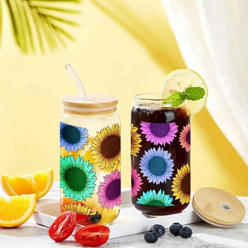 Tumblers impressos 3D Girassol colorido de girassol de 16 onças copo de vidro copa pode água com tampa de bambu palha bebendo vidro de vidro de café xícara de café H240425