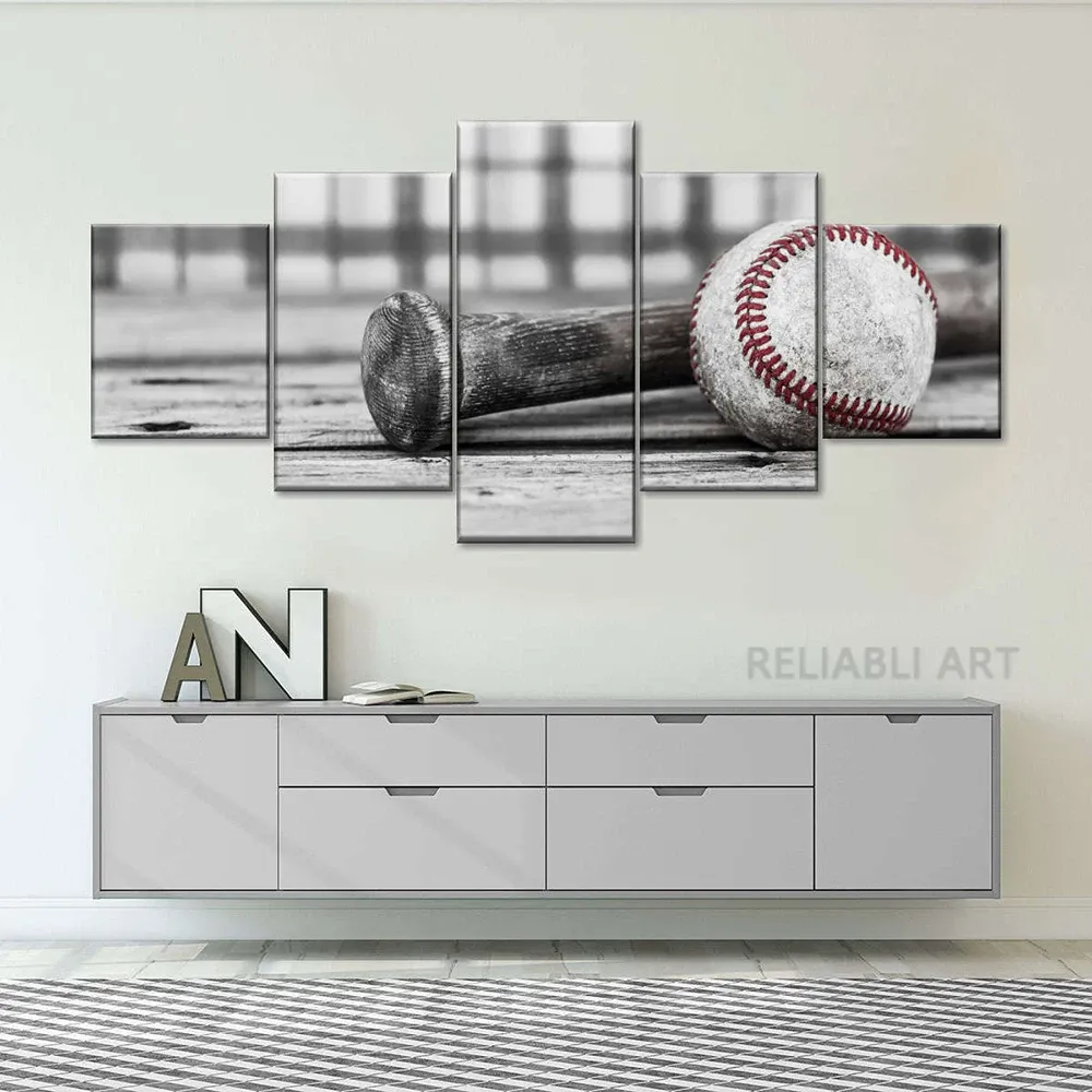 5 panneaux Baseball Pop Wall Art Canvas Peinture des affiches de sports en noir et blanc et imprimés pour le salon Décoration de la maison Cuadros