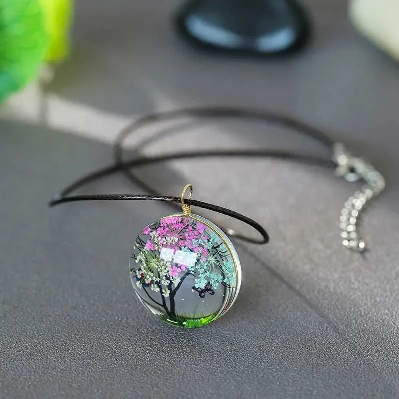 Pendant Necklaces Classic specimen time gem glass pendant sweater chain dried flower plant life bark rope necklace_voghion.com
