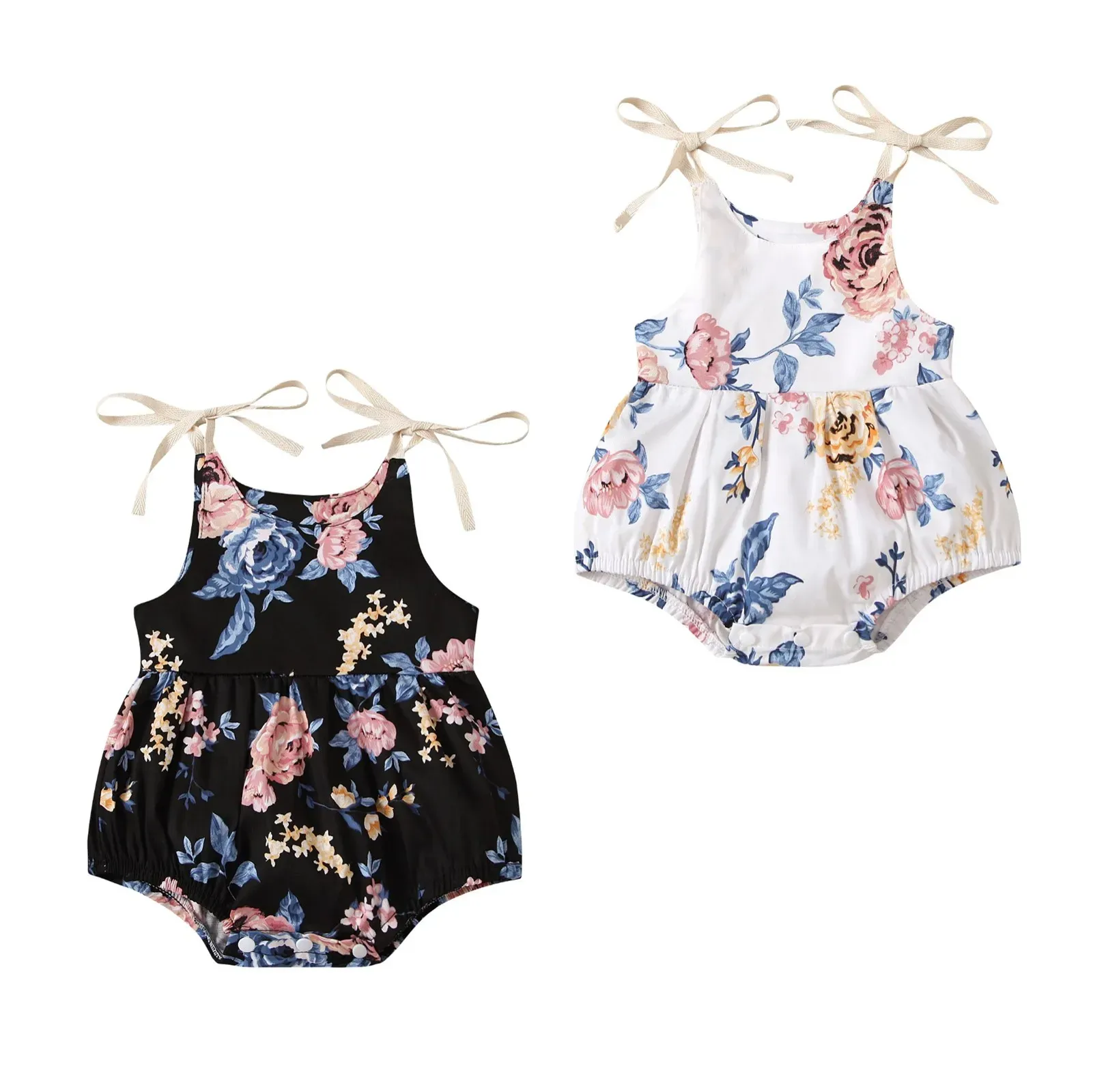 Pezzi un bambino Citgeett Summer Baby Girl Stampa floreale Bows Caldro Spaghetti Body Uspant Outfit senza maniche Black/White