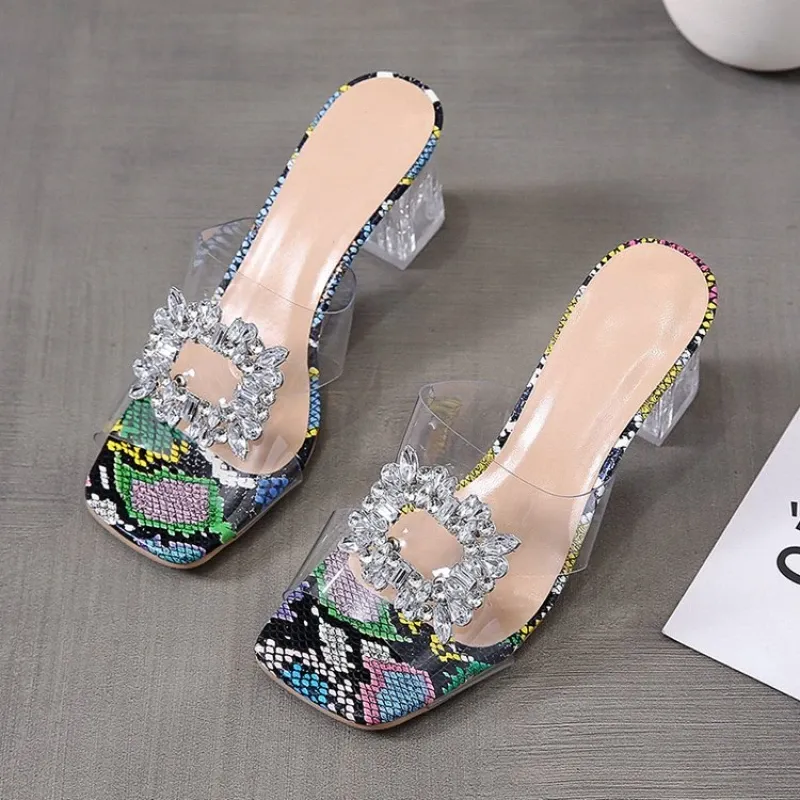 Boots 2022 New Summer Women's Slippers Fashion Rhinestone High Heel Sandals Transparent Open Toe Women Sandals Sexy Party Chunky Heels