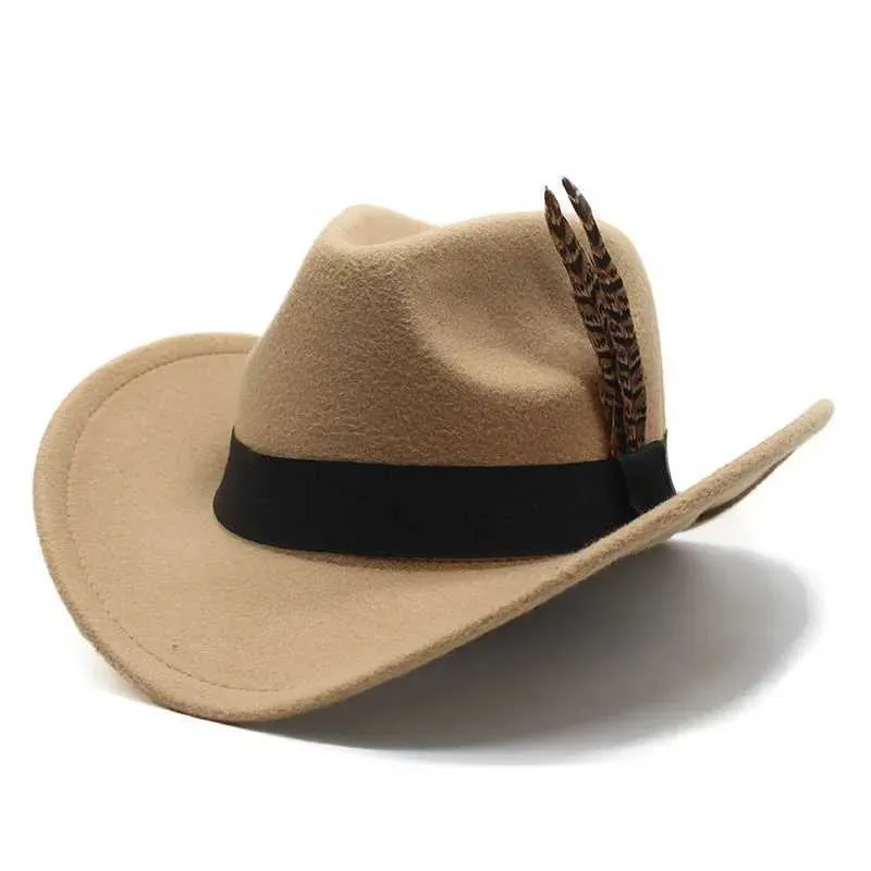 Chapéus de aba larga Chapéus de balde Fedoras Hat para mulheres Luxo Capéu de cowboy ocidental Novo cavalheiro gostoso chapéu de cinto de penas