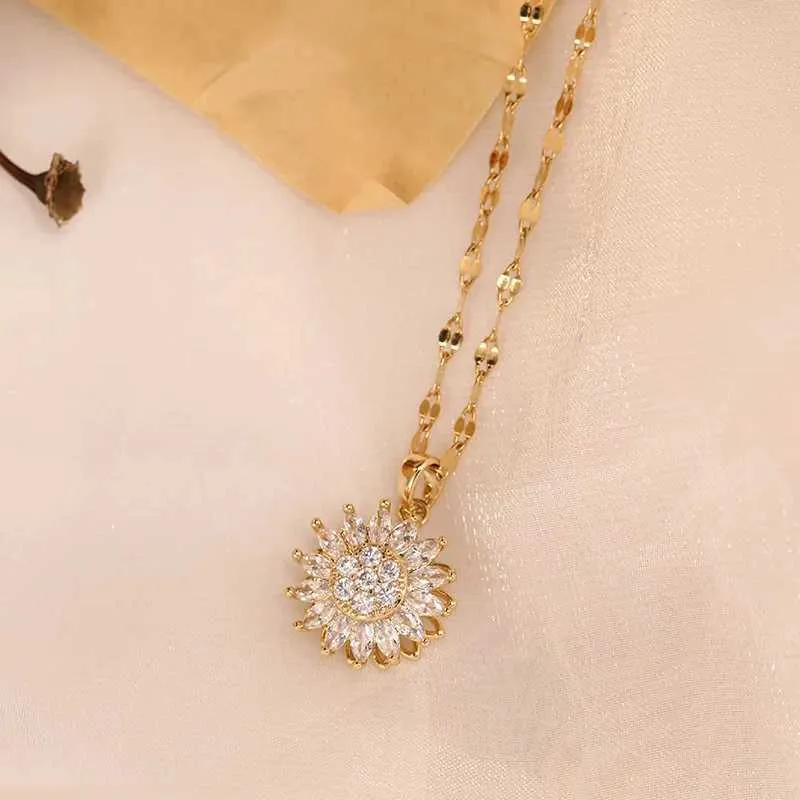 Sunflower Pendant Necklace Stainless Steel Double-layer Choker_voghion.com