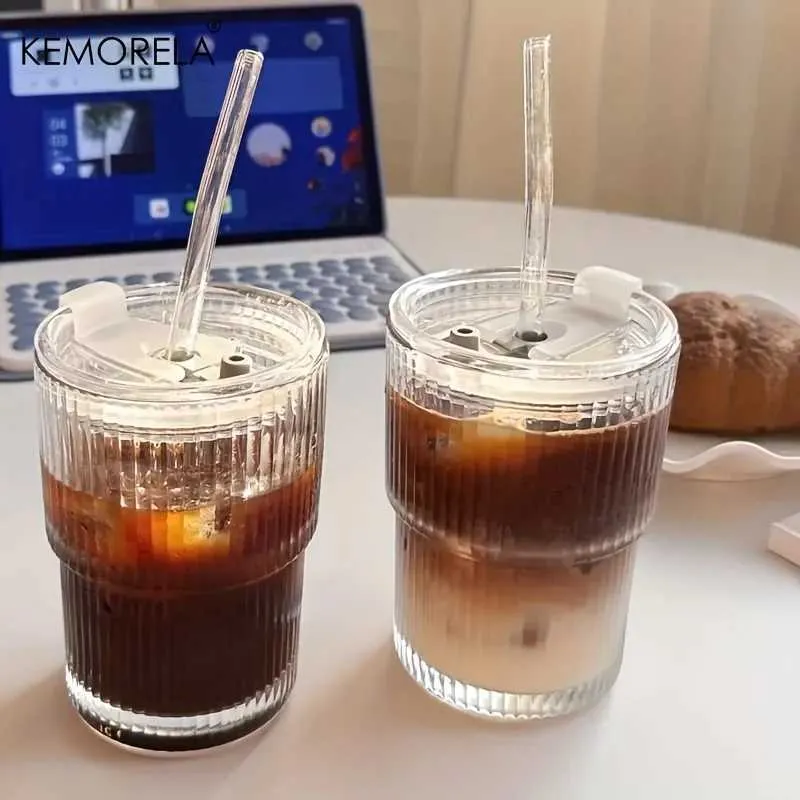 Gobelets 1 / 450 ml de verre à rayures tasse de verres transparents avec couvercle et pile à glace à la tasse de thé à thé
