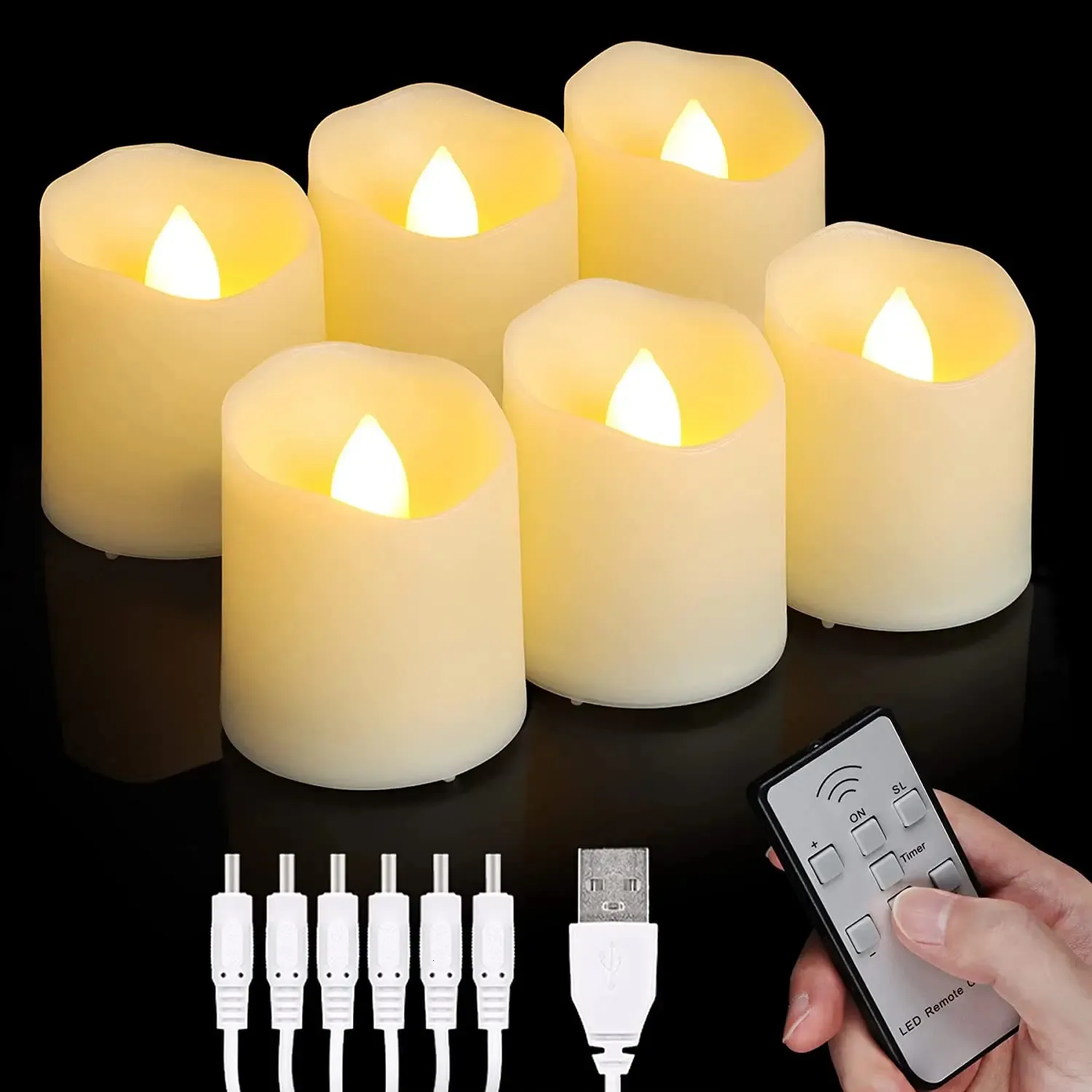 6 Pack Oplaadbare LED -thee -lichten USB Flameless Warm White Votive -kaarsen met afgelegen flikkerende kaars voor huizendecoratie 240417
