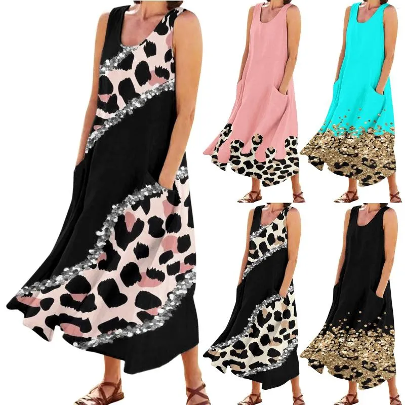 Casual Dresses Vintage Cotton Linen Loose Maxi Dress For Women Holiday Sundress Summer Sleeveless Boho Tank Leopard Women's