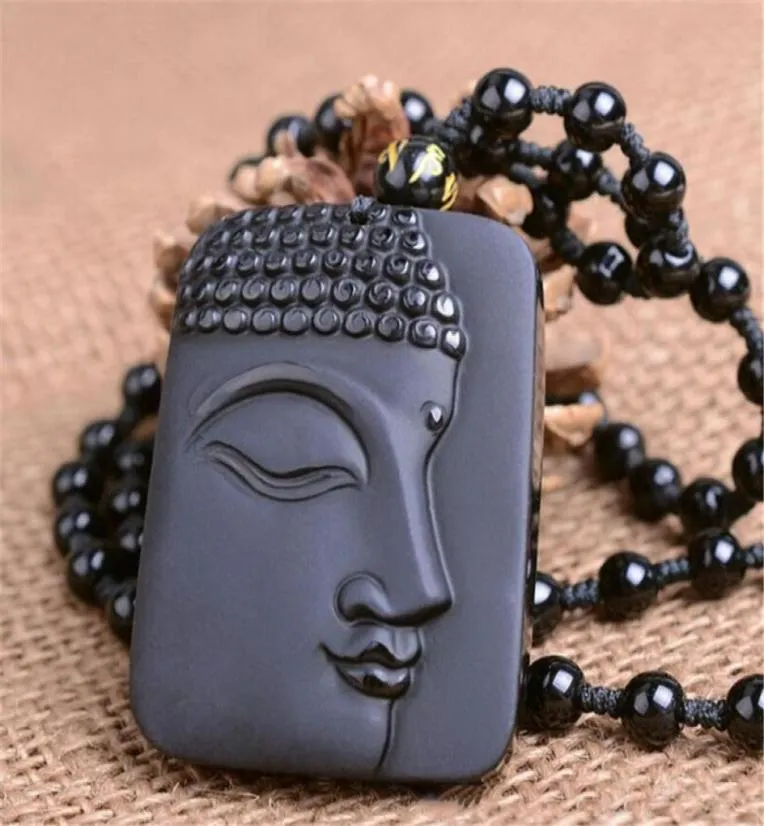 Fashion Natural Obsidian Tathagata Bouddha Head Pendant face côté face Tathagata Bouddha Pendant Sakya Mani Collier de perles entier31749229667678