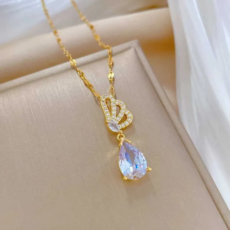Pendant Necklaces Stainless Steel Butterfly Tears Light Water Drop Wedding Necklace Temperament Niche Design Sense_voghion.com