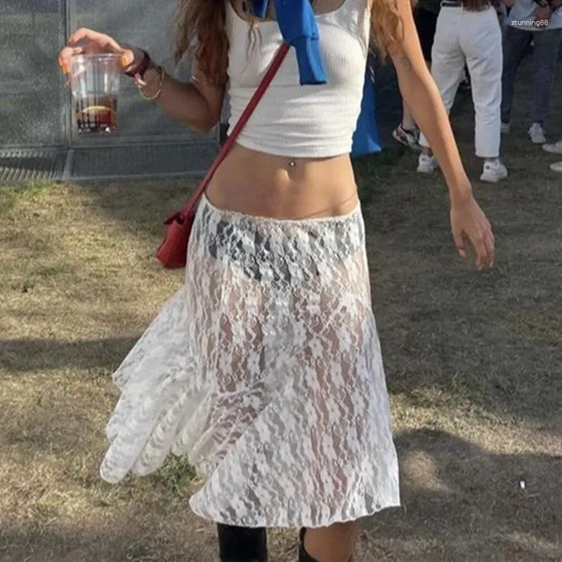 Röcke Hirigin Frauen y2k Spitze Maxi Rock Sommer sexy durch lange lässige Boho Fairy Grunge Midi