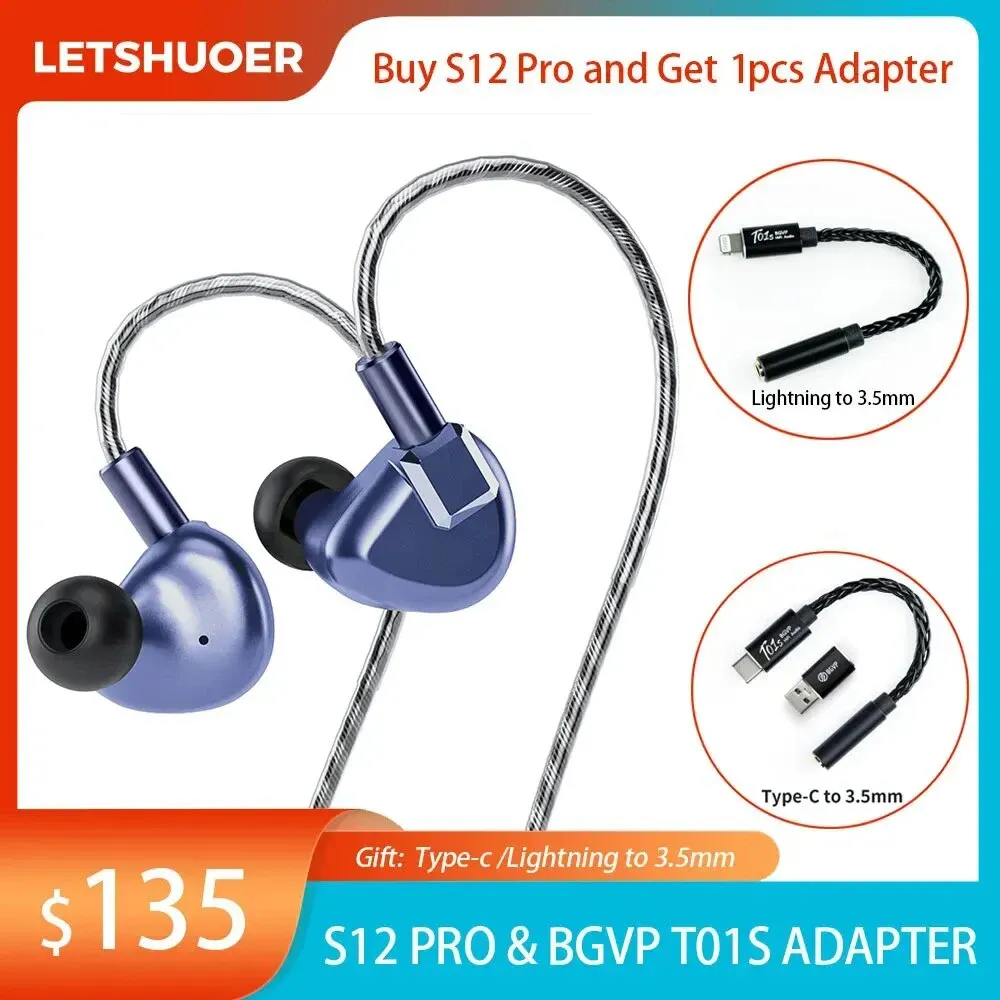 Earphones Letshuoer S12 Pro IEMs & BGVP T01S Adapter Monitor In Ear HIFI Earphone for Iphone Huawei Quality Bass Magnetic Planar Driver