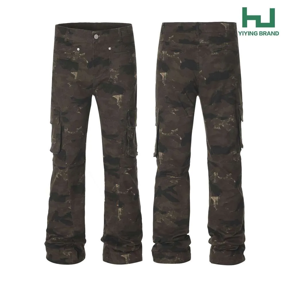 American Hip-hop High Street Camouflage Pants, Loose Straight Tube, Micro Horn, Multiple Pockets, Washed and Worn-out Denim Men's and Women's Workwear Pants