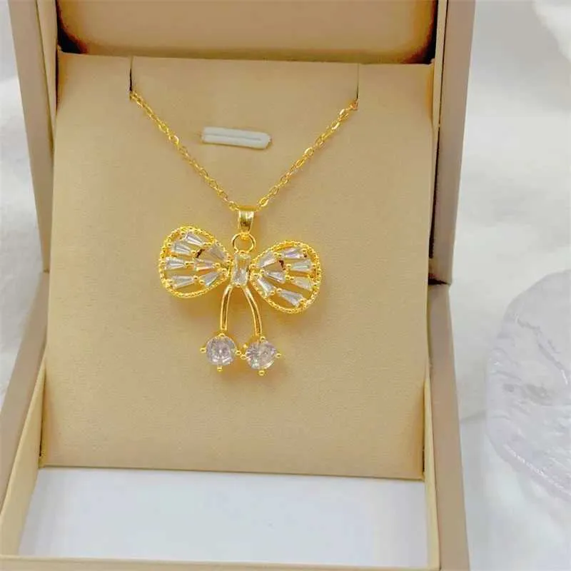 Collane con ciondolo Moda Ciondolo Cavo Nodo Fiocco Collana Classico Personalità Bianco Romantico Ciliegia Acciaio Inossidabile_voghion.com