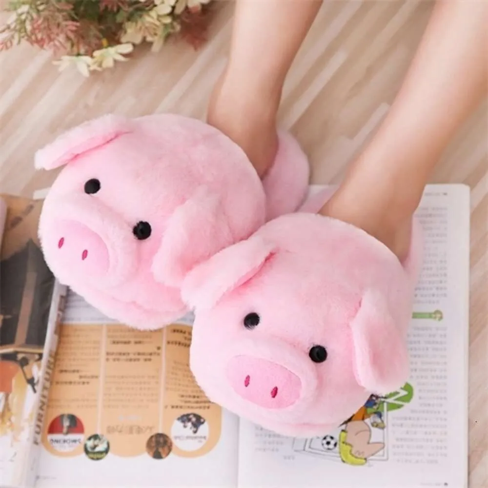 Pantoufles de maison chaude d'hiver Migne Petit Pig Cartoon Pig Designe Adult Girl Lady Plush Head Silent Indoor Floor Femme House Chaussures Y1120