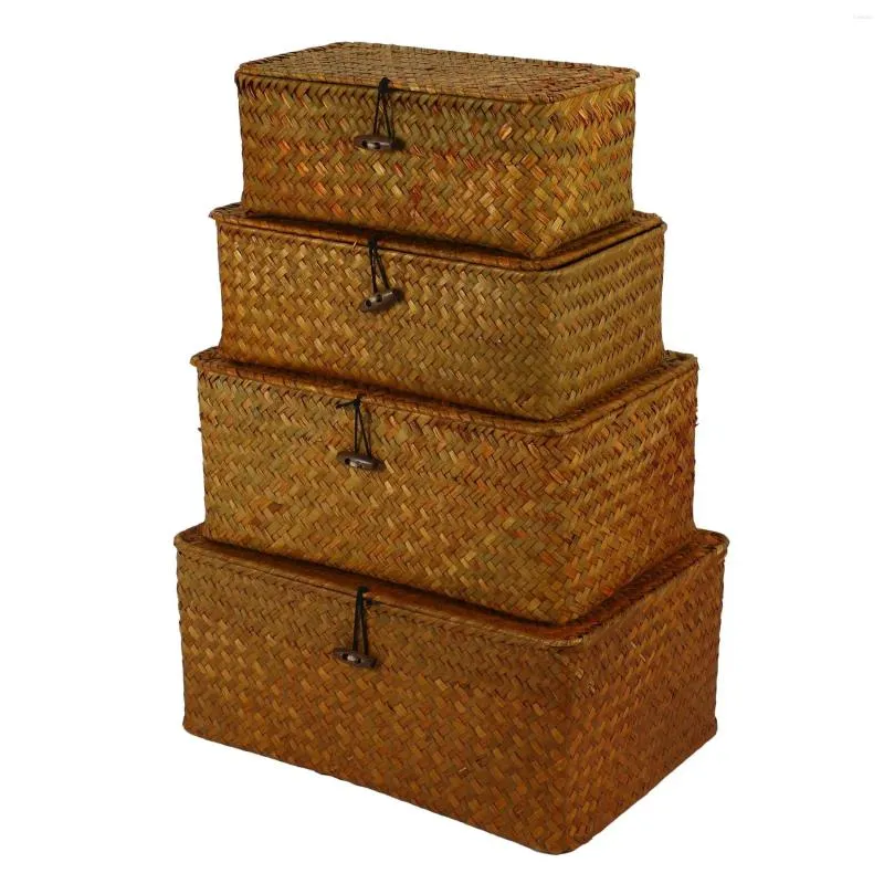 Bolsas de jóias Bestas de margem de margem de ervas marinhas com tampas tecidas de cesta retangular Bins Wicker Organizer para um conjunto de prateleiras de 4