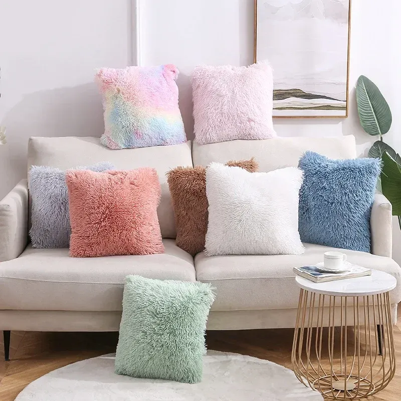Pillow Decorative Rainbow Fluffy Throw Pillow Cushion Soft Cute Girl Room Decor Faux Fur Square Fuzzy Pillows Mat for Home Sofa Bed