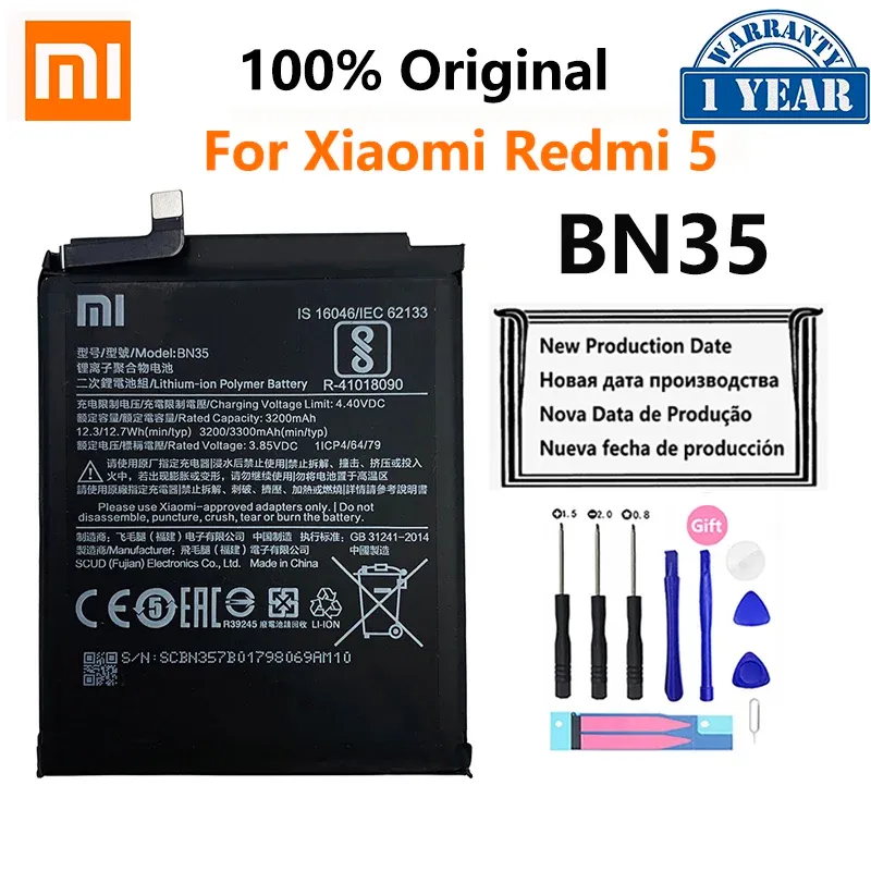 Batterien 100% Orginal Xiao Mi Bn35 3300mAh Akku für Xiaomi Redmi 5 Redmi5 Red MI5 Hochwertige Telefon -Ersatzbatterien