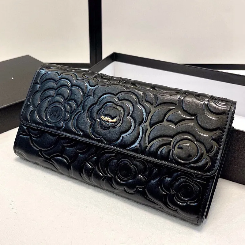 Vintage Designer Calfskin Leather Women Wallet Camellia Pattern Printing Decoration Card Bag Gold Hardware Luxurious Coin Purse Leather Quilted Handbag 19x10cm