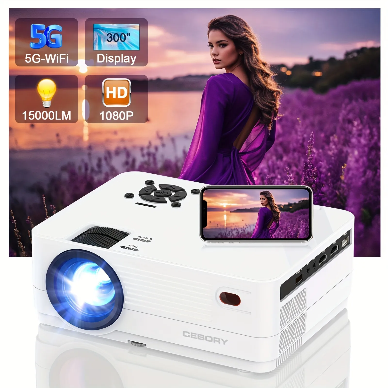 Native 1080p 5G WiFi Wireless Projecteur Cebory 13000lm Full HD Movie Projecteur 300 "Affichage pour les films en plein air Support 4K Home Theatre, compatible