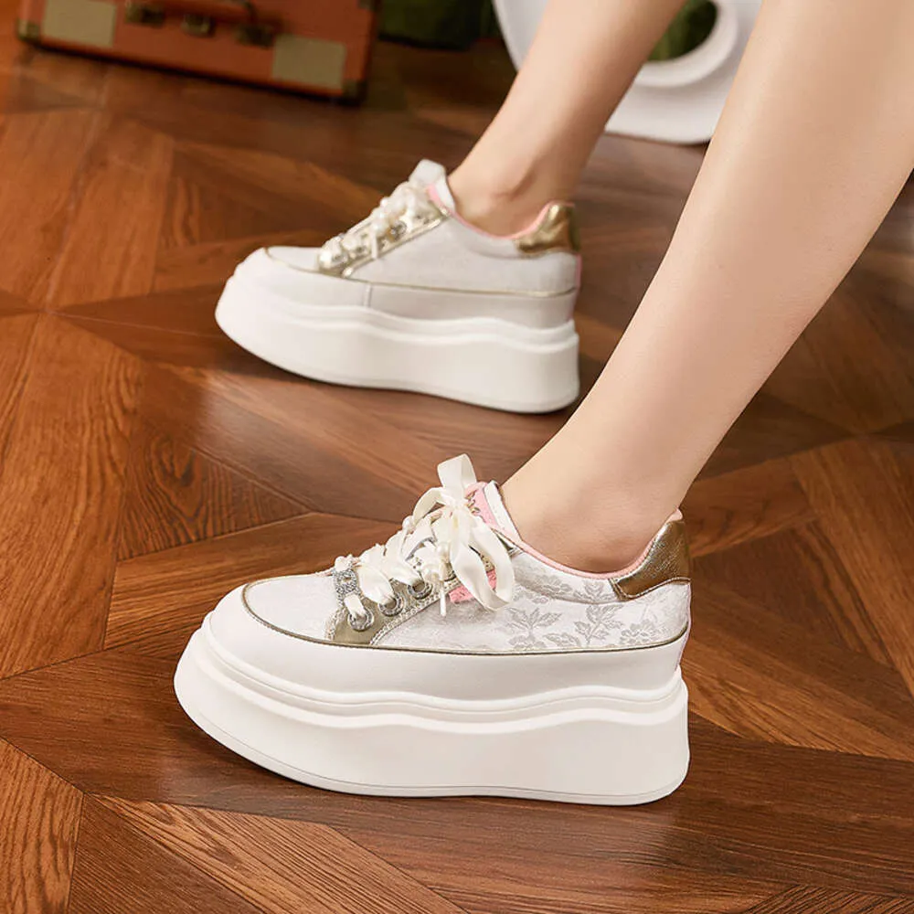 Sneakers Ladies Lace-up 2024 Spring New Platform 8cm High Heels Sports Women Inner Height Small White Shoes