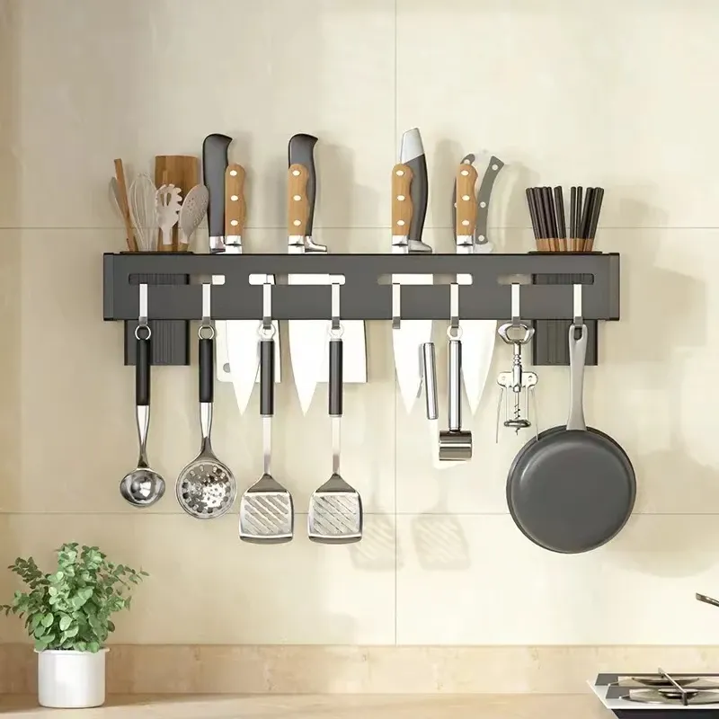 Storage Wall Mounted Knife Stand With Hooks Multi Functional Organizer Knife Holder Integrated Storage Rack PunchFree Kitchen Utensils