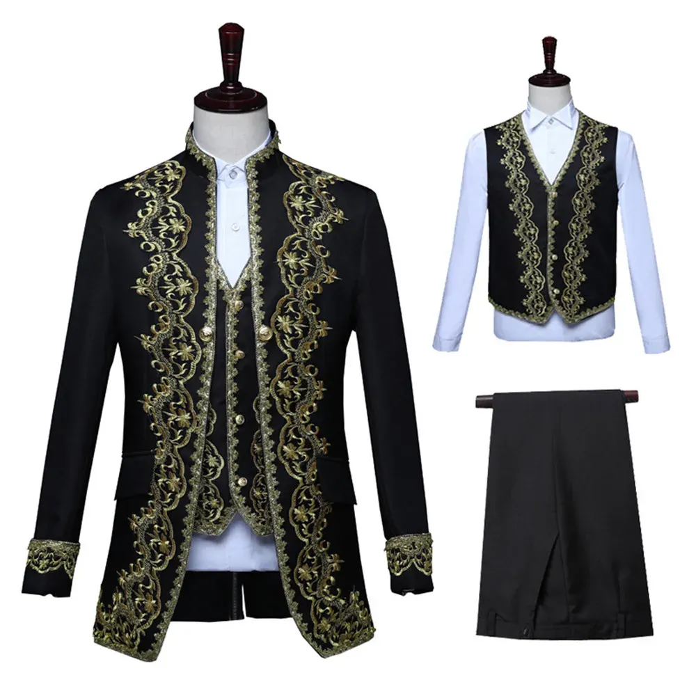 Jackets Vintage Men Appliqued 3piece Suit Black and Gold Stage Stylish White Theater Gala Evening Jacket