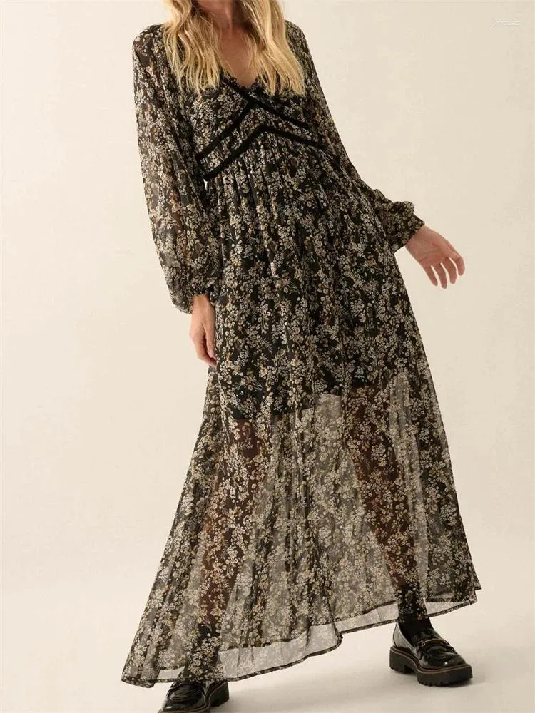 Vestidos casuais cronstyle feminino vintage boêmio estampa floral longa manga de verão v pesco