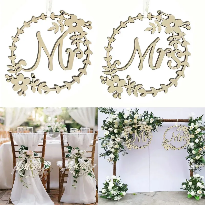 2st Wedding Wood Chair Pendant Mrs Letter Hanging Sign Vintage Rustic Decoration Po Props Party Supplies Favor 240425