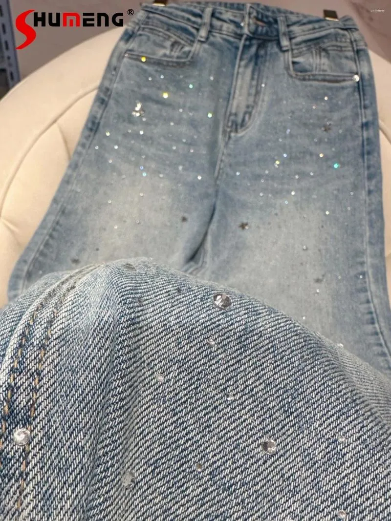 Frauen Jeans Weitbein Hosen 2024 Spring Mode High Taille Strass Reißverschluss Jeanshose Tasche Gerade