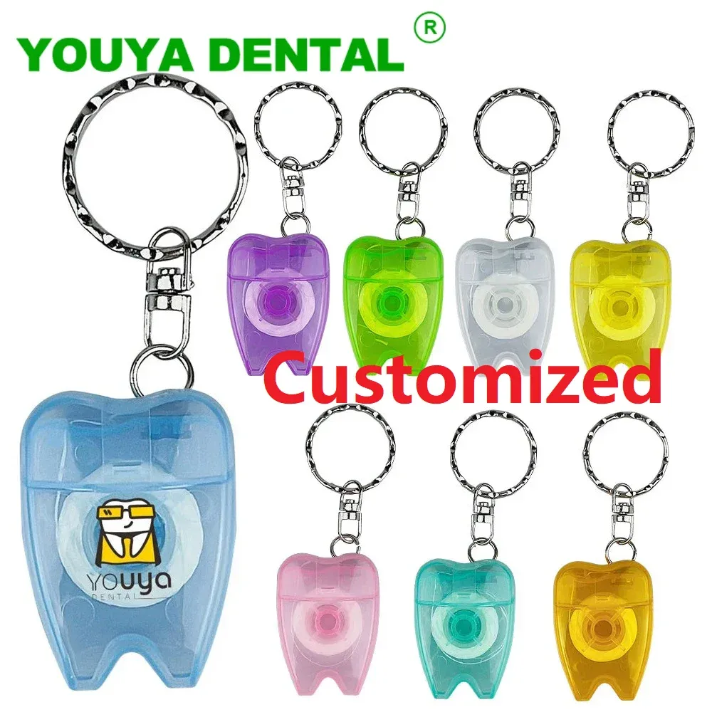 Tandbrush 100st Dental Floss nyckelring med logotyp Tandform Key Chain Interdental Brush Tooth Cleaning Stick 15m Tandtråd Anpassad