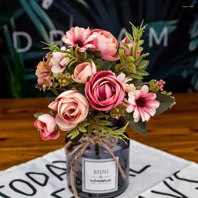 Flores decorativas de seda 12 cabeças rosa buquê rosa Fake Flower Tea Rose Artificial para Casamento | Casa | Partida