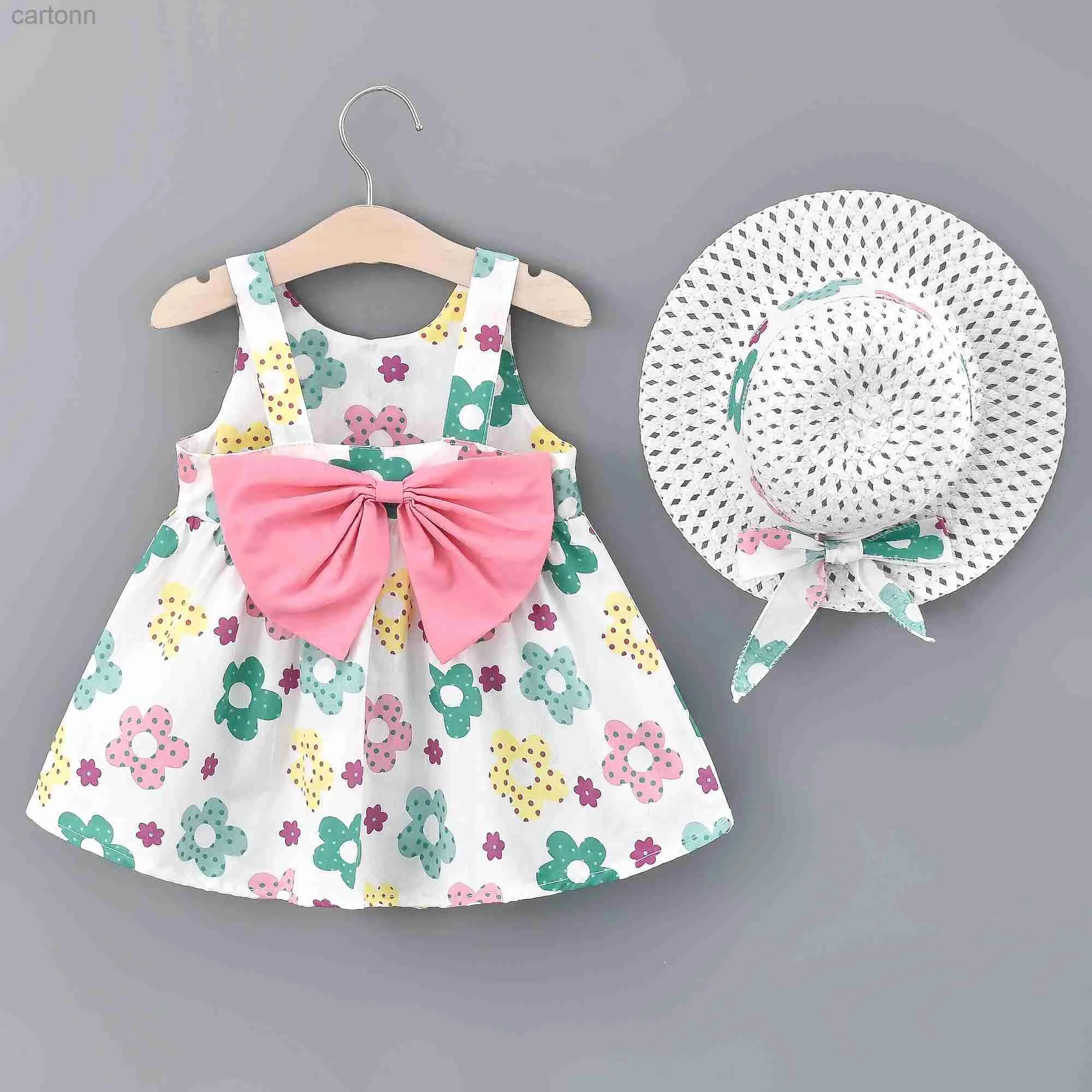 Mädchenkleider 2pcs Säugling kleine Mädchen ärmellose Kleid Kleinkind Kids Baby Girls Big Bowknot Design Prinzessin Kleid + Hut Outfits Sets Kleidung D240425