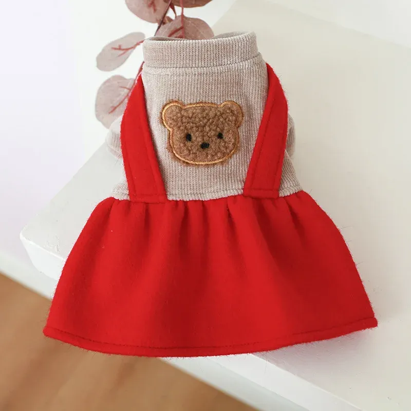Dresses Autumn Winter Dress Cute Bear Pattern Christmas Puppy Red Skirt Small Dog Keep Warm Coat Holiday Clothes Chihuahua Yorkshire