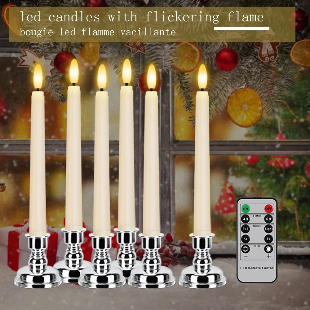LED Taper Candles With Candlestick Timer Remote 3D Flicker Party Wedding Home Decoration Battery Operated Table Flameless Candle 240417