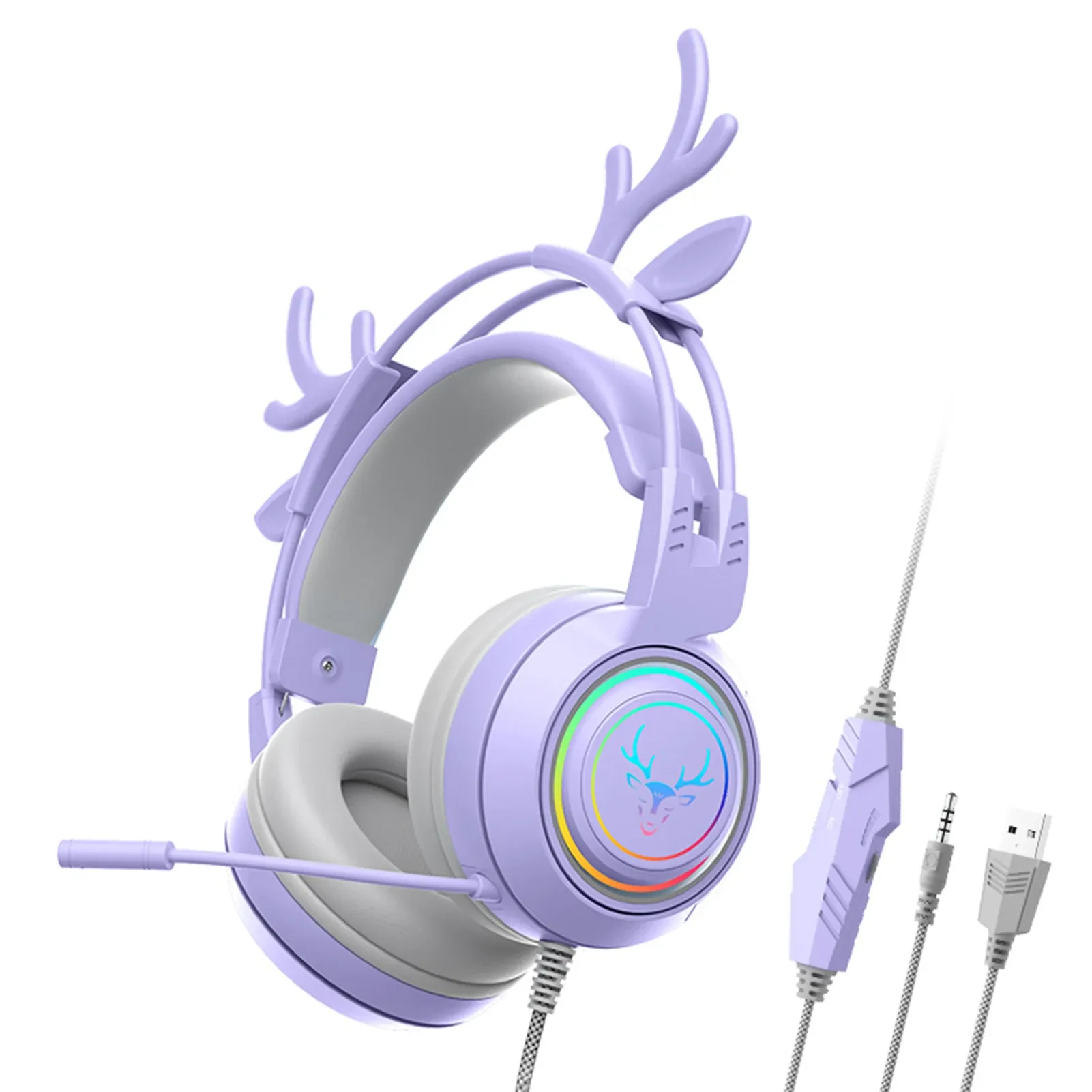 Hörlurar barn vuxna med löstagbara hjortörar 3d surroundljud rgb bakgrundsbelysning trådbunden spel headset söta present universal för pc girl