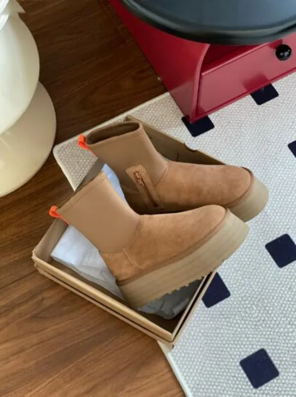 Klassisk designer boot chestnut päls fårskinn skjuande ny övre komfort vinterplattform boot slip-on skor mocka