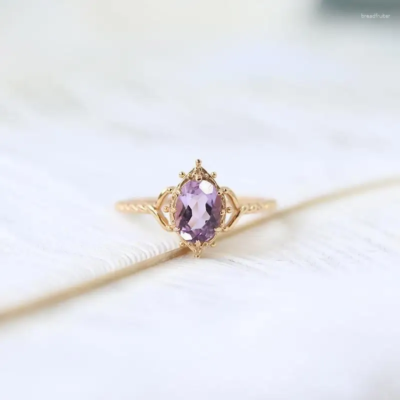 Klusterringar 925 Sterling Silver Gold Plated Purple Crystal Ring Simple Crown Design Wedding High-End Generous Party Jewelry Gift for Women