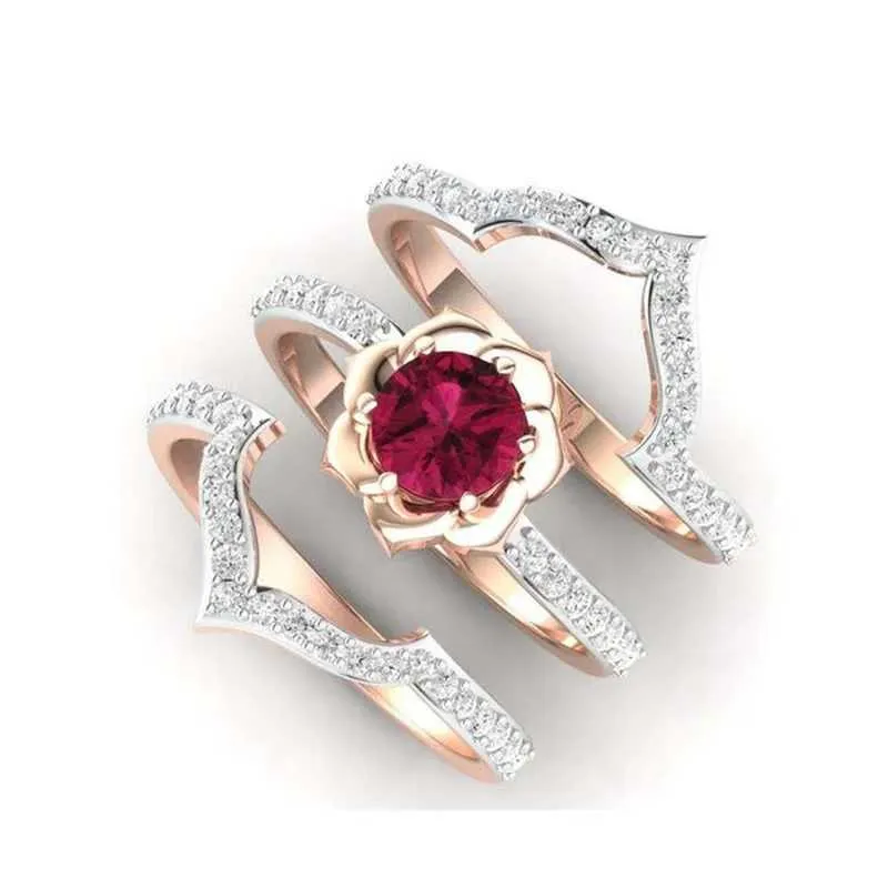 Band Rings Dazzling Rose Gold Color Flower Ring for Women Delicate Metal Inlaid Red Zircon Stones Wedding Set Engagement Jewelry H240425