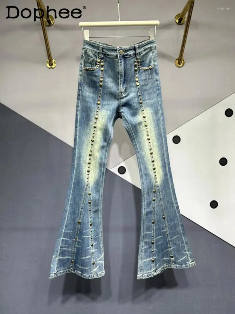 Kvinnors jeans retro draperi bootcut byxor kvinnor 2024 sommar hög midja bantning tunga industrin nitar denim byxor gata
