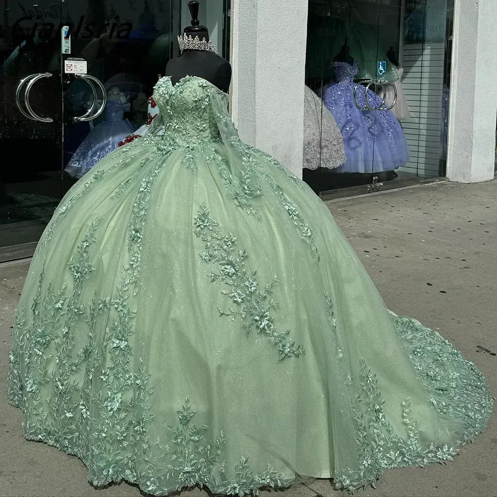 Green à manches longues hors de l'épaule des robes de quinceanera applications de robe de bal applique en dentelle 3d fleurs corset vestidos de 15 anos