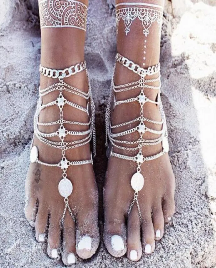 2018 New Fashion Summer Sexy Silver Tassel Anklet for women Coin Pendant Chain Ankle Bracelet Foot Jewelry Barefoot Sanda Foot Dec8726213