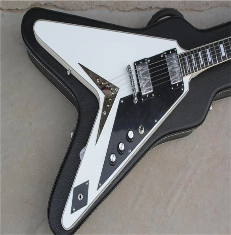 Cinese OEM Factory Custom White Flying V Modello 6 stringhe attraverso la chitarra elettrica del corpo2141951