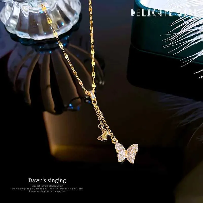 Necklaces Multilayer Jewelry Stainless Steel Tassel Pendant Shell Butterfly Necklace For Women Party Cuban Choker_senzul.com